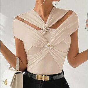 Women's Elegant Romantic wrap shirt Metal Accent Open Shoulder Bodycon luxe top